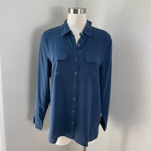 NEW J Jill Womens Large Marine Blue 100% Silk Button Up Blouse Long Sleeve Shirt